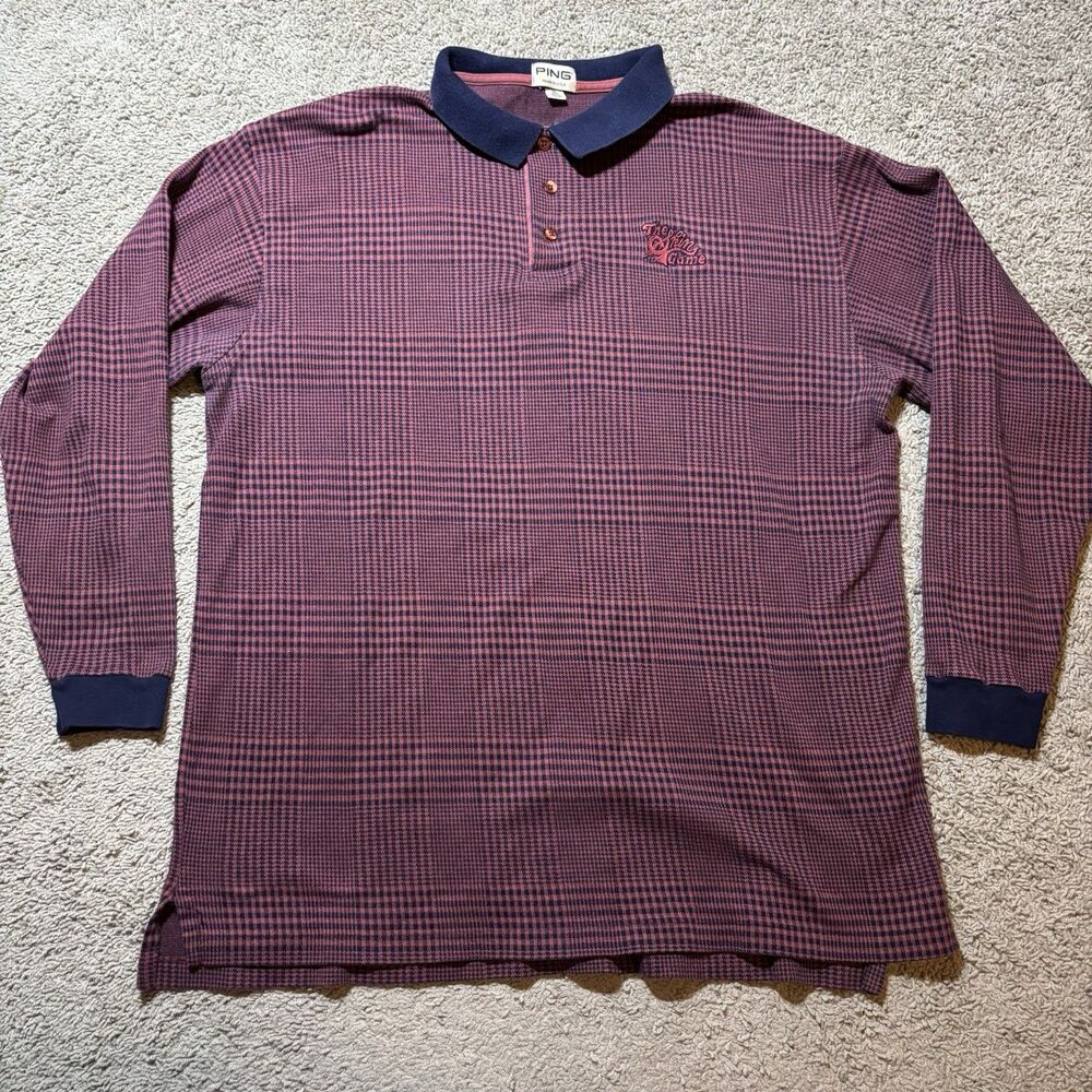 Vintage PING Golf Polo Shirt XL Made in USA Long Sleeve The Skins Game Plaid Red